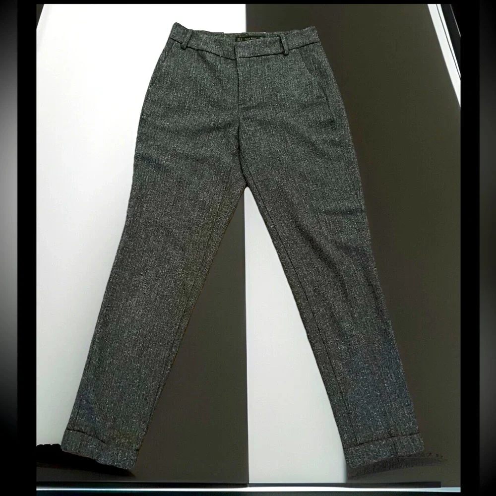 Zara Basic Side Pockets W/Front Zip, Button, & Metallic Hook Wool Grey Trousers
